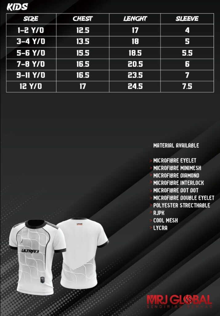 Sublimation Printing Size Chart Kids