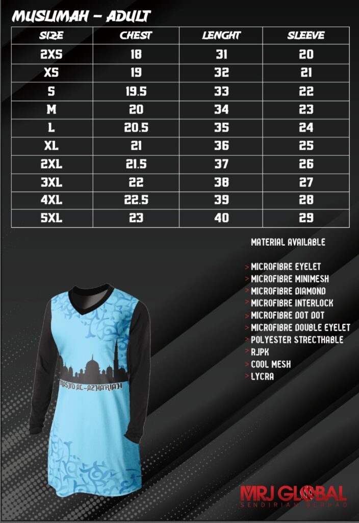 Sublimation Printing Size Chart Muslimah adult